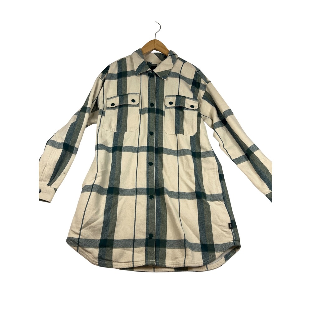 Vans Womens Medium Plaid Flannel Longline Shacket Shirt Jacket Cream Green Snap